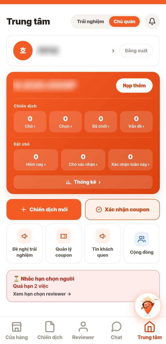 Góc trên: Trải nghiệm / Chủ quán