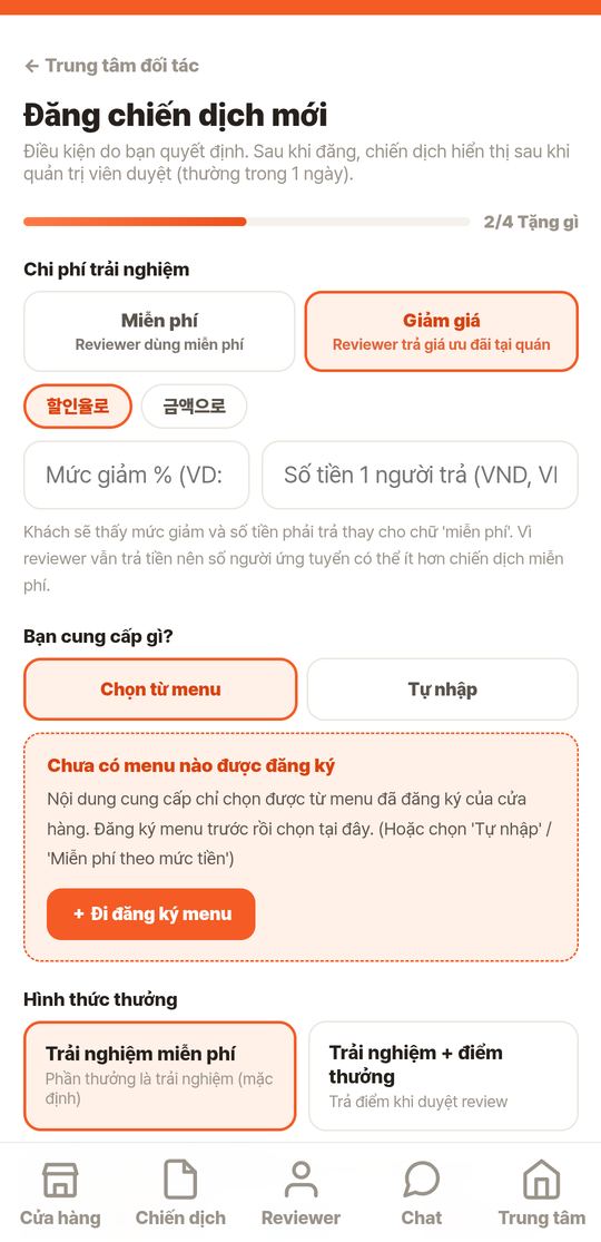 Chọn Giảm giá: nhập % hoặc số tiền